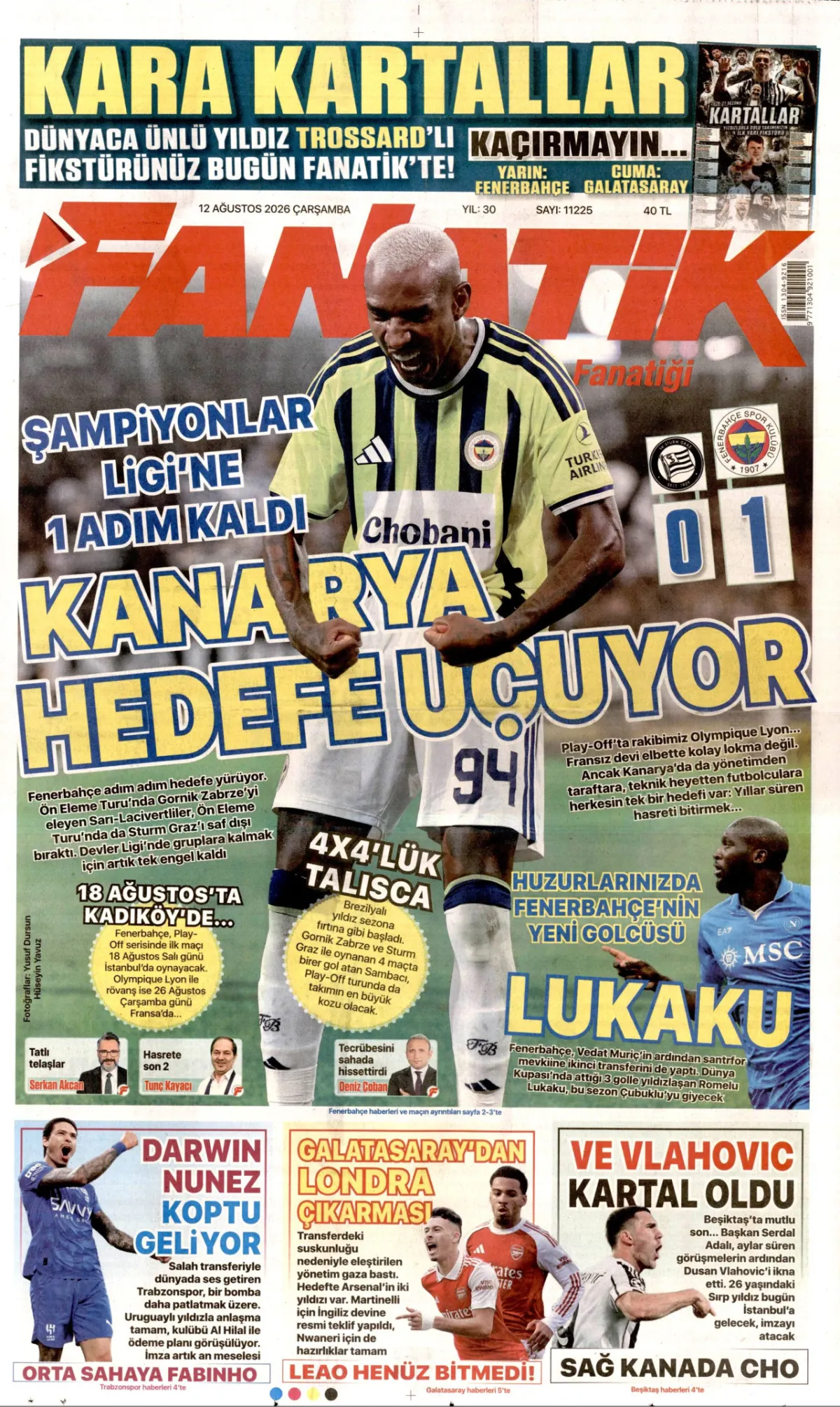 Fanatik birinci sayfa manşeti (12 Ağustos 2026)