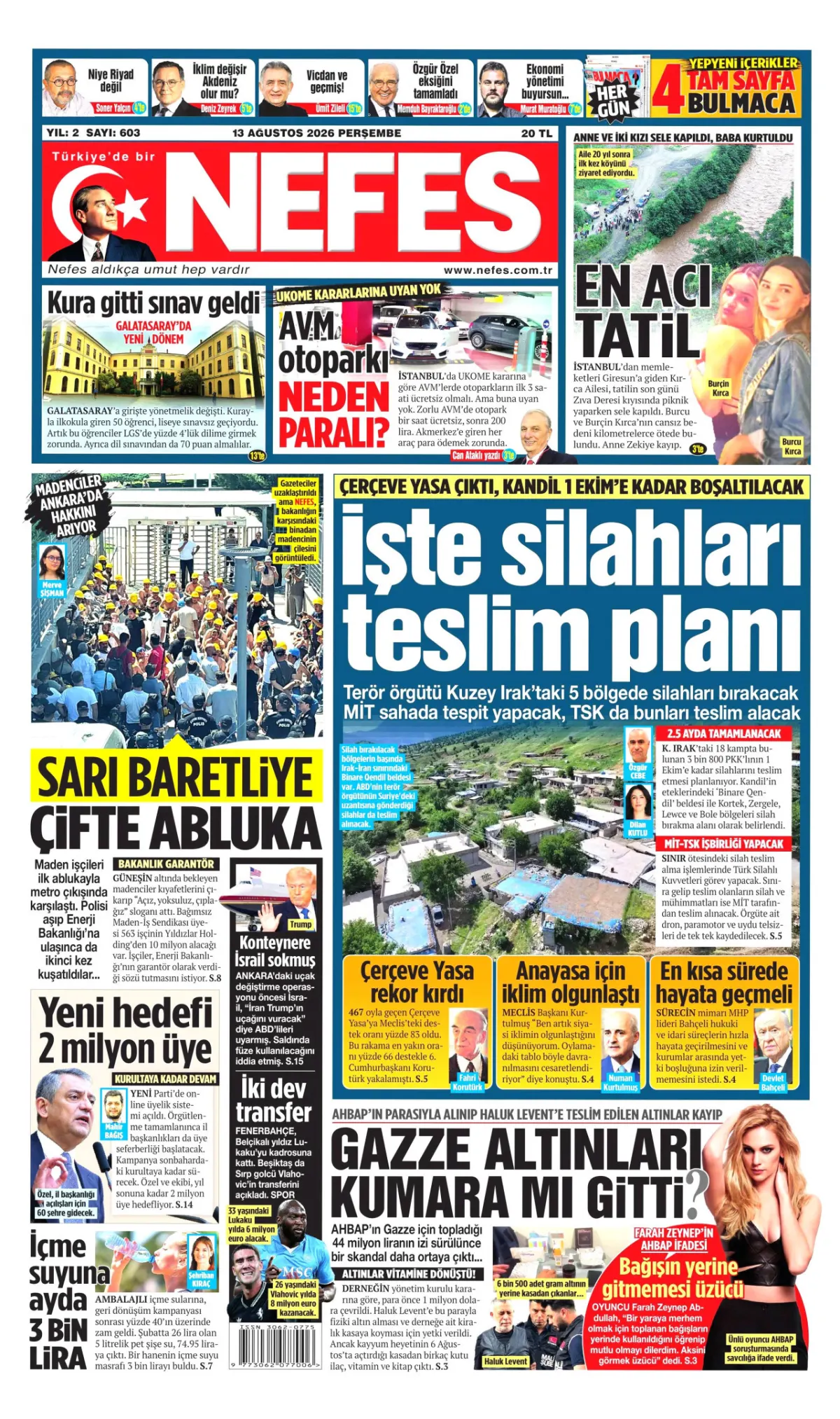 Nefes birinci sayfa manşeti (13 Ağustos 2026)
