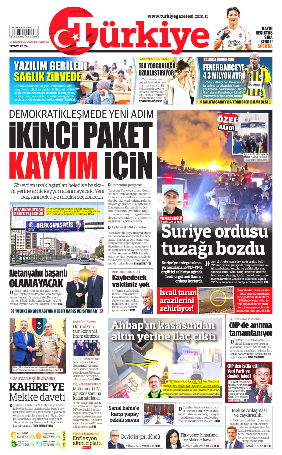 Türkiye birinci sayfa manşeti (13 Ağustos 2026)
