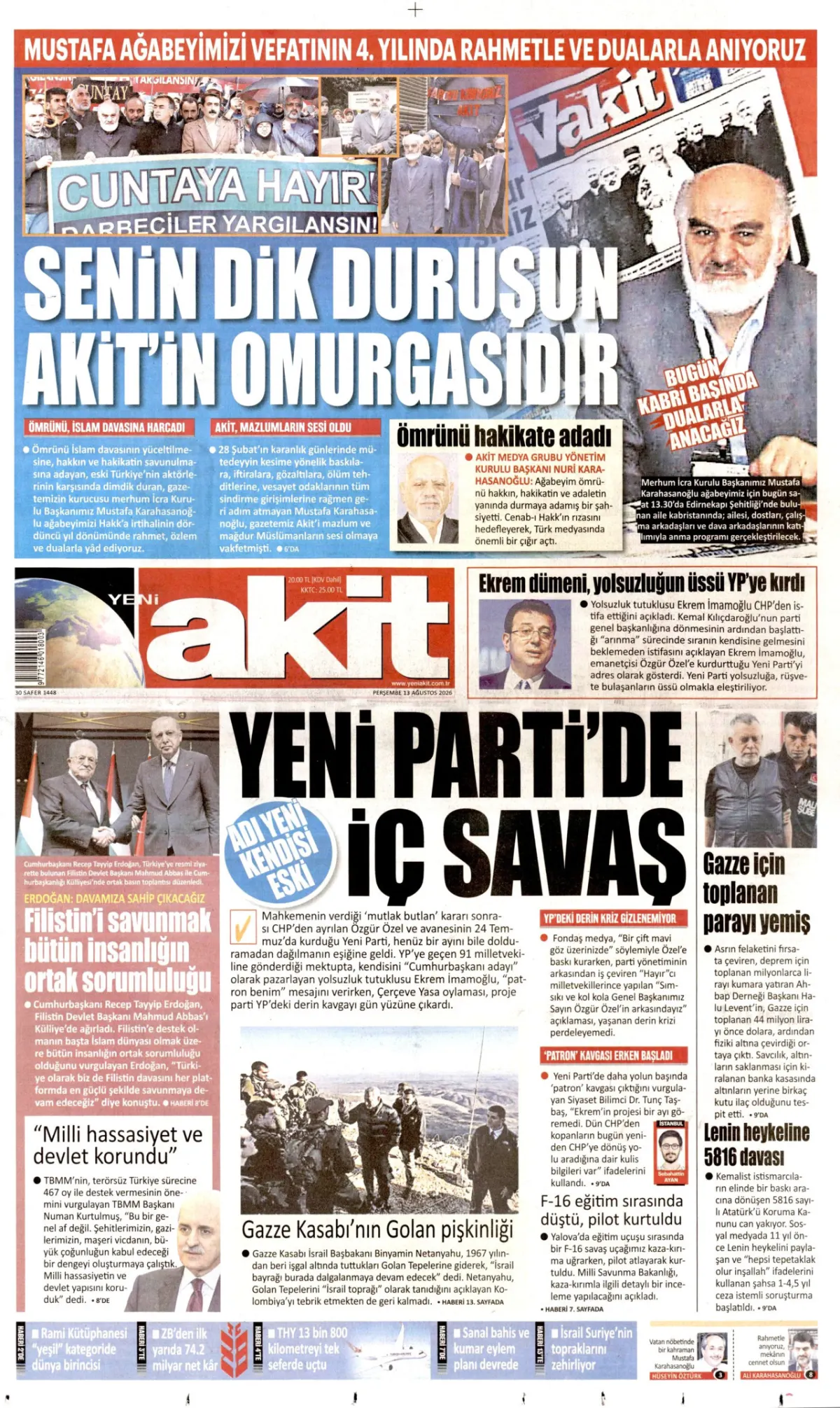 Yeni Akit birinci sayfa manşeti (13 Ağustos 2026)