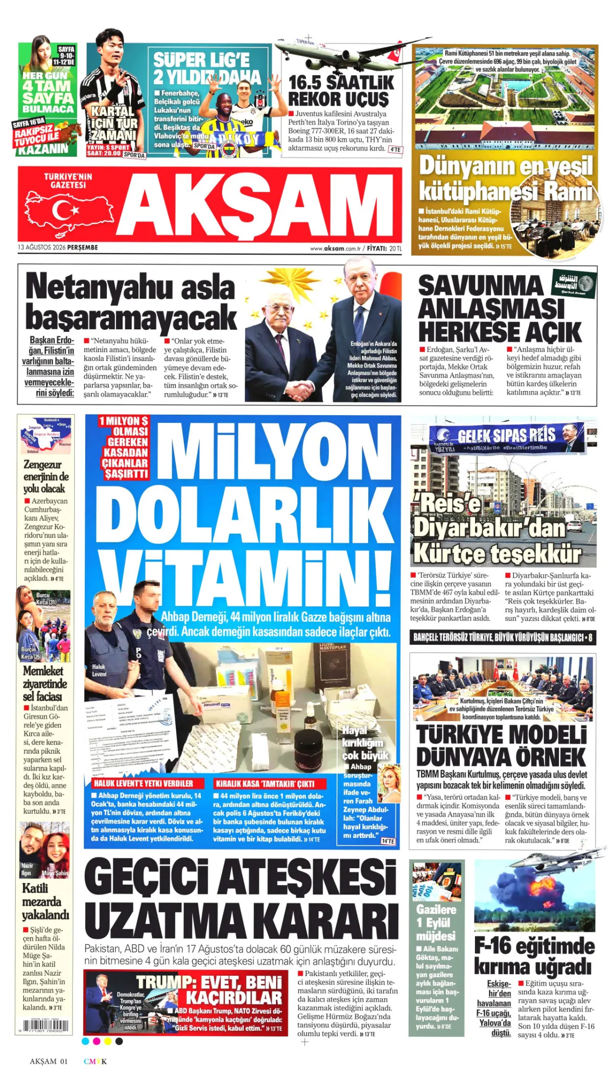 Akşam birinci sayfa manşeti (13 Ağustos 2026)