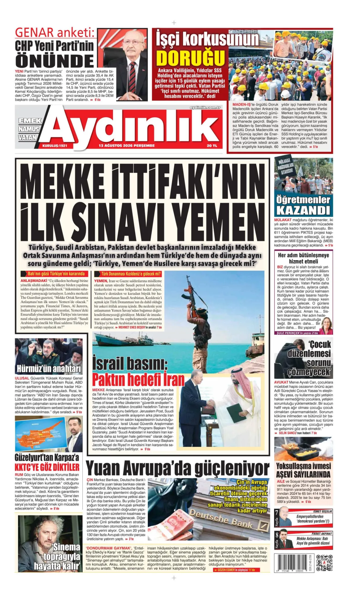 Aydınlık birinci sayfa manşeti (13 Ağustos 2026)
