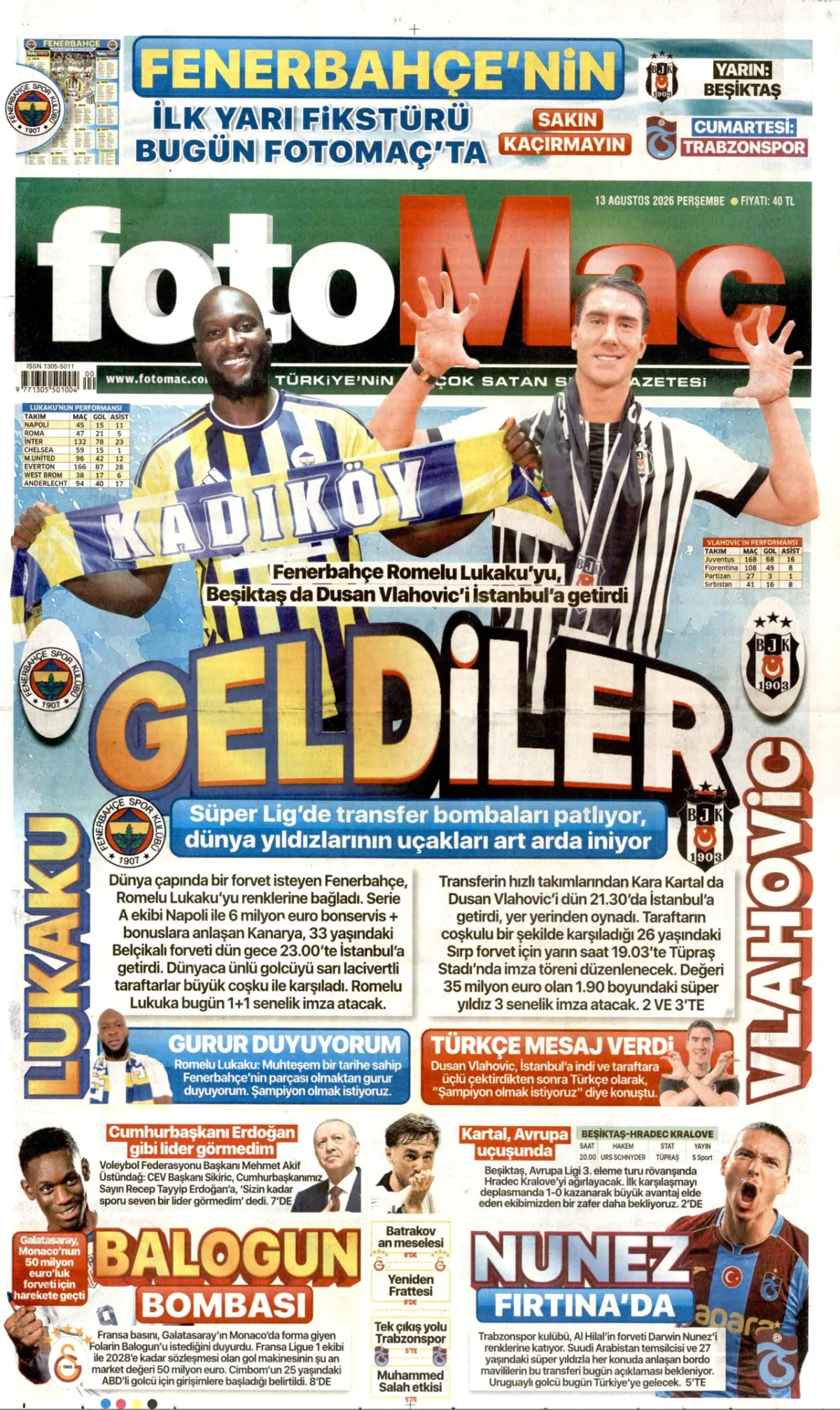 Fotomaç birinci sayfa manşeti (13 Ağustos 2026)