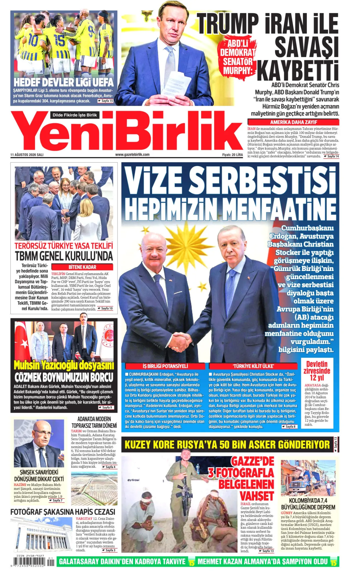 YeniBirlik birinci sayfa manşeti (11 Ağustos 2026)